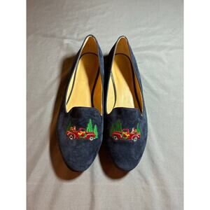 Talbots Navy Blue Suede Loafers Embroidered Red Truck Trees Slip On Flats Women